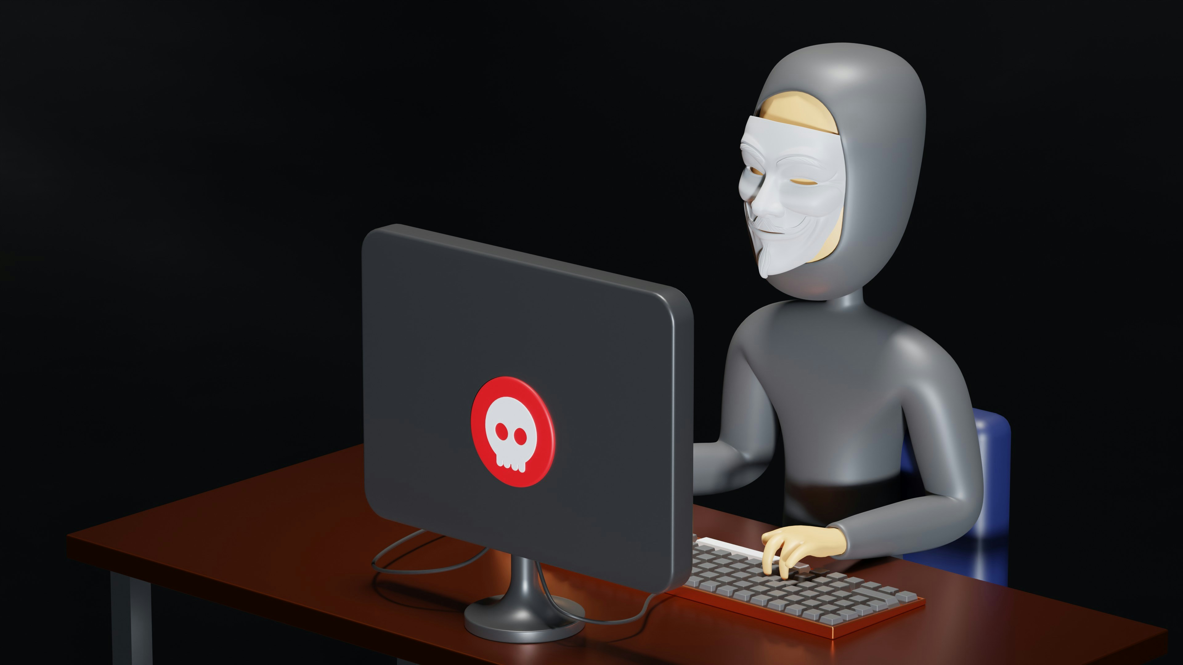 Hacker-themed setup with a masked figure at a computer, symbolizing cybersecurity threats